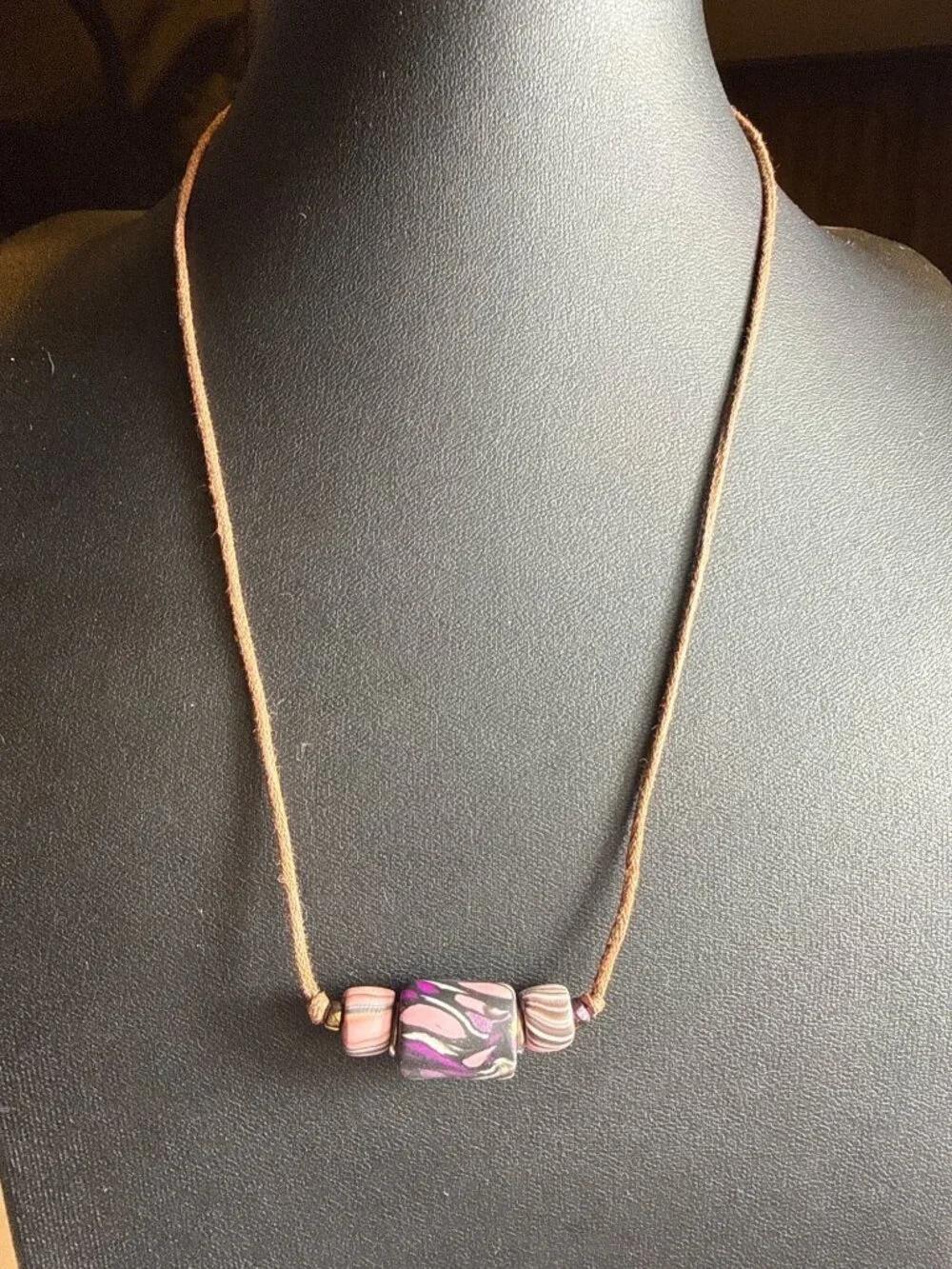 Handmade Polymer Clay Swirl Bead Cord Necklace Whimsigoth Indie Statement